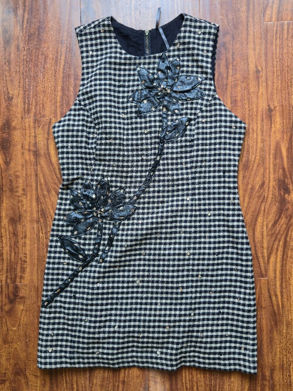 Anthropologie Houndstooth Shift Dress w/ 3D Floral Appliqué & Rhinestones